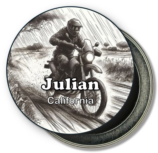 Julian California Fridge Magnet - Sketch of Sport Motorcycle Rider and Dirt Road