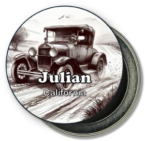 Julian California Fridge Magnet - Sketch of Classic Car Riding on a Dirt Road