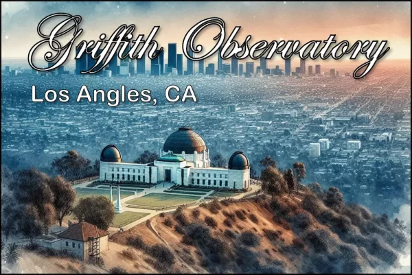 Los Angles California Postcards - Water Ink Painting of the Observatory with LA in the Background