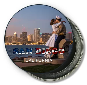 San Diego California Round Fridge Magnet - Kiss Sculptue and Downtown Skyline