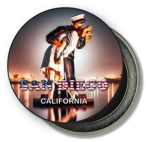San Diego California Round Fridge Magnet - Kiss Sculptue and Downtown Skyline