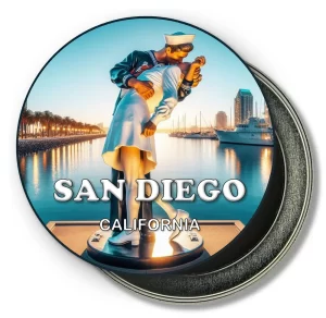 San Diego California Round Fridge Magnet - Kiss Sculptue and Sunset