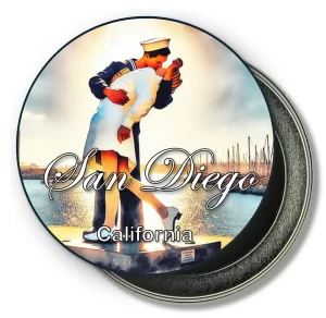 San Diego California Round Fridge Magnet - Water Ink Painting of Kiss Sculptue and Bay