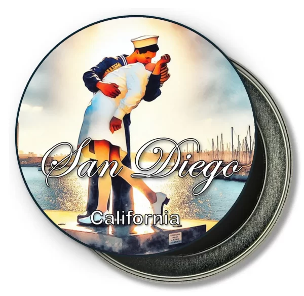 San Diego California Round Fridge Magnet - Water Ink Painting of Kiss Sculptue and Bay
