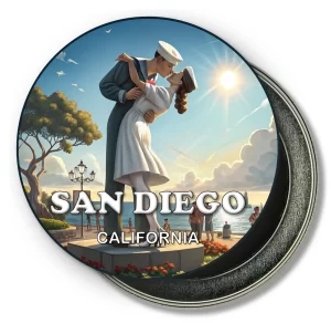 San Diego California Round Fridge Magnet - Kiss Sculptue in Sunny Day