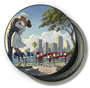 San Diego California Round Fridge Magnet - Kiss Sculptue and Downtown Background