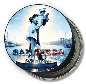 San Diego California Round Fridge Magnet - Water Ink Painting of Kiss Sculptue and Bay