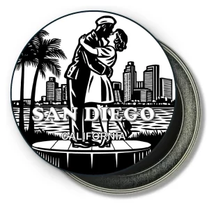 San Diego California Round Fridge Magnet - Kiss sculptue and Downtown Skyline