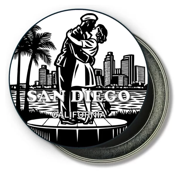 San Diego California Round Fridge Magnet - Kiss sculptue and Downtown Skyline