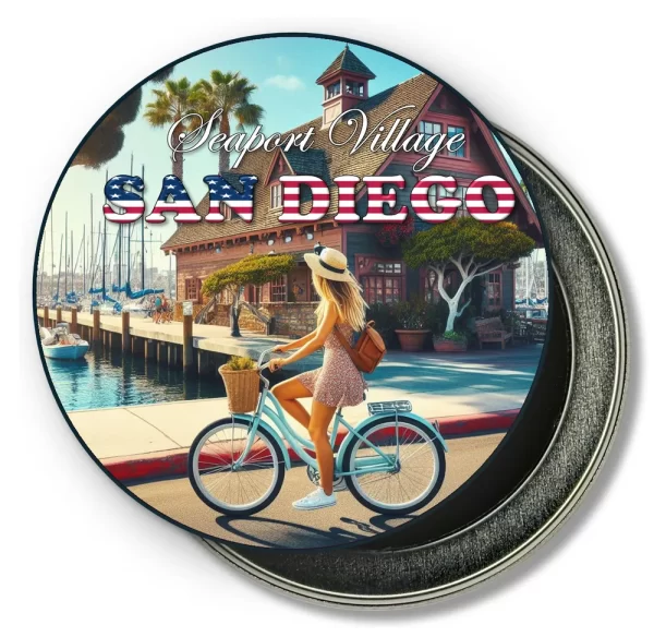 San Diego California Round Fridge Magnet - Sunlit Stroll by the Marina