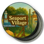San Diego California Round Fridge Magnet - Seaport Village Welcome, A Coastal Landmark in Vintage Style